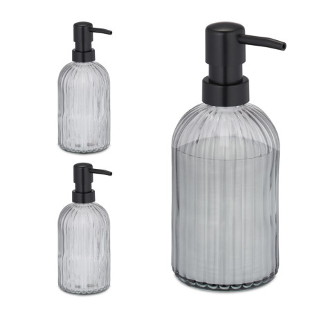 Relaxdays Distributeur de Savon, Lot de 3, Porte-Savon Liquide, Rechargeable, 400 ML, Verre et Plastique, Noir