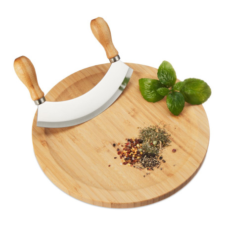 Relaxdays Hachoir Berceuse avec Planche, Bambou & Acier Inoxydable, Couteau à Herbes, Plateau de 25 cm, Nature - argenté