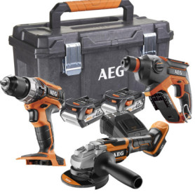 AEG - Pack 3 outils : Perceuse à percussion 18V, Perforateur brushless 18V, Meuleuse 125 mm Brushless 18V, 2 batteries 4,0 Ah, c