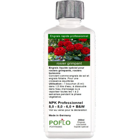 POFLO engrais pour rosiers grimpants et rosiers buissons, engrais liquide premium de la gamme professionnelle (250ml)
