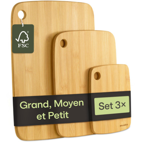 Praknu Planche à Découper en Bois - 3 Pièces de Planche Polyvalentes et Robustes en Bambou FSC® pour Légumes, Viande & Pain - Di