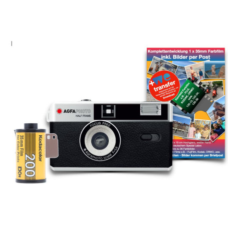 AgfaPhoto analogique 35 mm 1/2 Format Photo Noir avec Film négatif Couleur + Batterie + négatif + développement d'image par cour