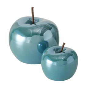 ReWu Lot de 2 pommes décoratives en céramique lasurée, couleur bleu pétrole avec brillance et effet nacré