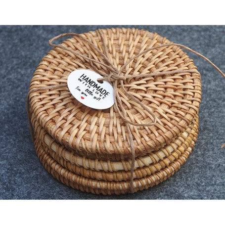 Wooloow Lot de 6 Dessous de Verre en rotin pour Verres, Dessous de Verre Ronds en Verre, Dessous de Verre naturels Faits à la Ma