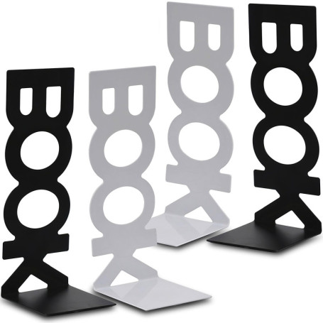 Serre Livres en Métal 2 Paires Serre-Livres pour étagères pour Bureaux, Écoles, Salons, Librairie et Bibliothèque (Noir et Blanc