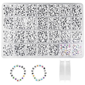 Newpop 1400Pcs Perles Lettres Alphabet et Colorée 7 X 4 mm, A-Z Blanc Coeur Beads avec 2 Fil Elastique, pour Fabrication de Bijo