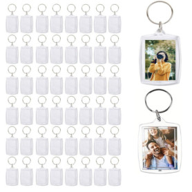 50 PCS porte-clés transparents avec cadre photo, en acrylique, forme rectangulaire, convient pour les cadeaux pour la famille et