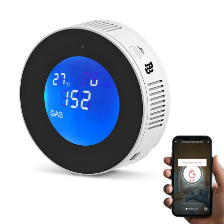 Détecteur de Gaz Connecté WiFi Intelligent, Détecteur de Fuite de Gaz Naturel/Méthane/GPL/Carbone, Écran LCD, Alarme 85dB, Compa