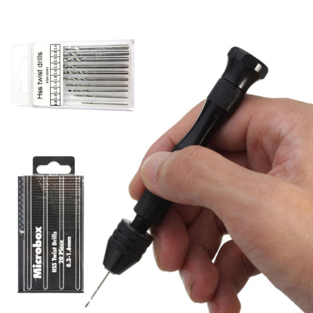 DXIA 31Pcs Mini Perceuse à Main, Twist Drill Bits, Perceuse à Main de Precision Mandrin et 30 Forets Hélicoïdaux 0.3-3.0mm, pour