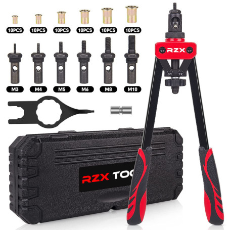 Outil à riveter 14" - Kit professionnel pour rivets avec M3 M4 M5 M6 M8 M10 métriques 6 mandrins et 60 écrous, conception permet