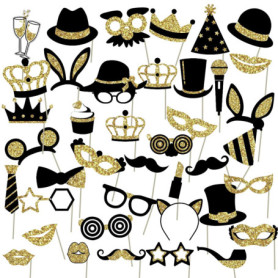 40Pcs Accessoires De Selfie De Bal, Accessoires De Photo De Fête d'anniversaire, Accessoires De Photo Noir Et Or pour Adultes En