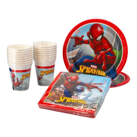 SPARKLERS CLUB Pack de fête Spiderman, Lot de 52 pièces, 16 assiettes, 16 gobelets, 20 serviettes, vaisselle jetable, vaisselle 