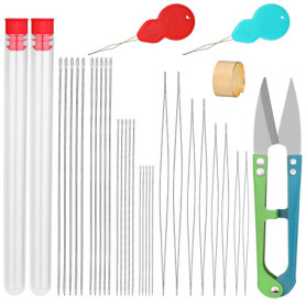 Reovin Lot de 28 aiguilles à perles avec aiguilles à fil, aiguilles à broder à grand chas, dé à coudre, flacon d'aiguille, enfil
