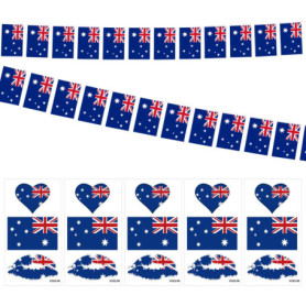 1 guirlande de fanions avec drapeau australien, 5 autocollants pour le visage, drapeaux carrés, décoration de train avec drapeau