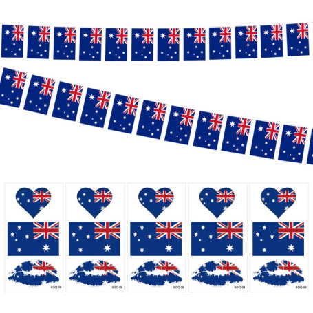 1 guirlande de fanions avec drapeau australien, 5 autocollants pour le visage, drapeaux carrés, décoration de train avec drapeau