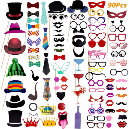 90pcs Colorés Accessoires Photobooth Masquerade Accessoires, Comius Sharp De Selfie pour La Fête - Set D'Accessoires pour Photos
