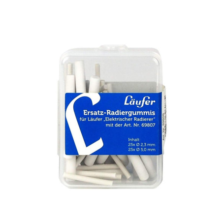 Läufer 69608 Lot de 25 gommes de rechange en 2 tailles pour gomme électrique, 25 pièces Ø 2,3 mm, 25 pièces Ø 5 mm, boîte referm
