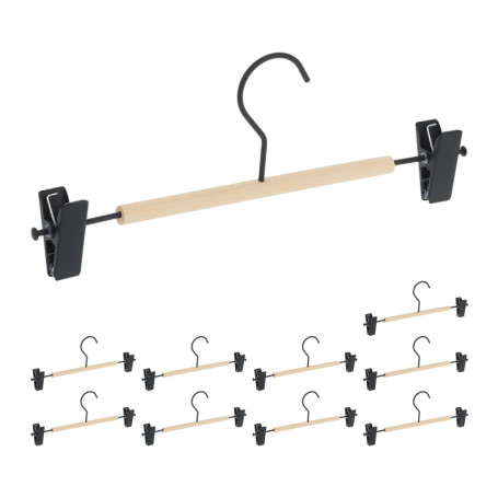 relaxdays Cintres Pinces en Lot de 10, Clips réglables, Jupes et Pantalons, HLP : 11,5 x 30,5 x 3 cm, Noir/Nature
