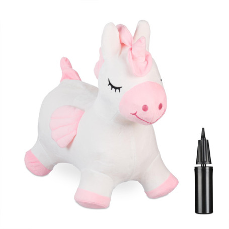 Relaxdays Animal Sauteur en Forme de Licorne, Pompe à air et Housse, Charge Max. 50 kg, sans BPA, 3 Ans et +, Blanc/Rose