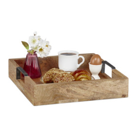 Relaxdays Plateau de Service, Bois de manguier, HxLxP : 7,5 x 35 x 35 cm, avec poignées, Support décoratif, Nature