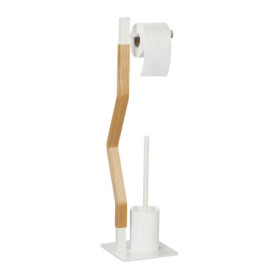 Relaxdays Serviteur WC, Non Fixe, Support pour Papier Toilette, Brosse et Porte-Brosse, HLP 76x20x20 cm, Blanc/Nature