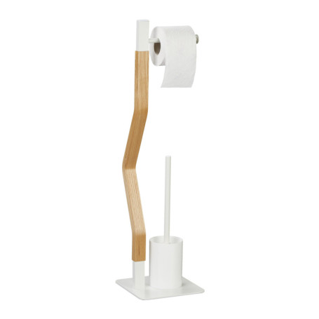 Relaxdays Serviteur WC, Non Fixe, Support pour Papier Toilette, Brosse et Porte-Brosse, HLP 76x20x20 cm, Blanc/Nature