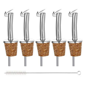 Incutex 5 Bouchon Verseur en Liège et 1 Brosse de Nettoyage, Becs Verseurs Réutilisable avec Clapet pour Bouteilles de Vin, d'hu