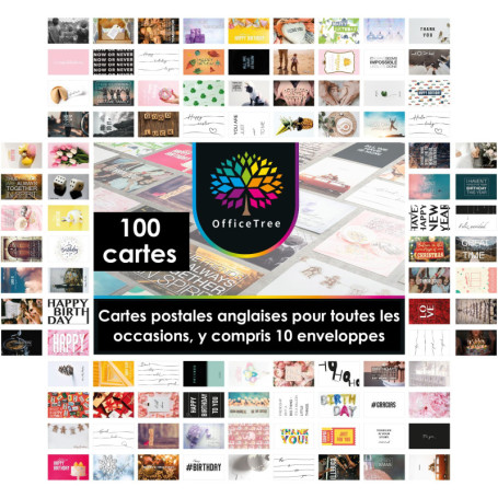 OfficeTree Lot de 100 cartes de vœux A6 avec 10 enveloppes – Cartes postales en anglais avec dictons pour toutes les occasions a