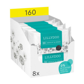 Lingettes visage et mains LILLYDOO, 160 pièces (8 x 20), tissu 100% sans plastique et sans parfum