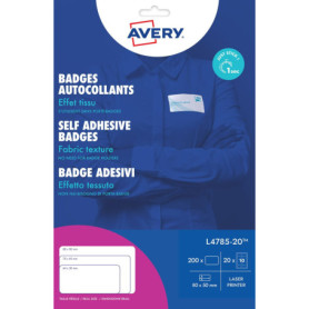 Avery Badge Autocollant Adhésif Textile - 200 Badges Autocollants Soie Acétate Blanche 80 x 50 mm - Impression Laser - Étiquette