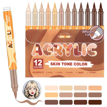12 Feutre Acrylique Brush Marker – Set de 12 Marqueurs de Peinture Acrylique Skin Tone Color Series , Pointe Brush 0.5~5MM Pince