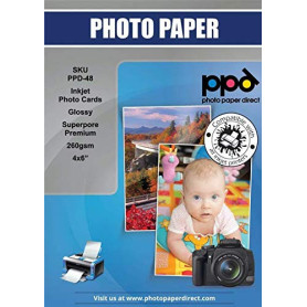 PPD 6x4” x 100 Papiers Photo PREMIUM Brillant 260g Jet d' Encre, Format environ A6 ou 10x15cm, Séchage Instantané, Qualité Profe