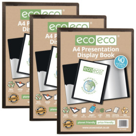 eco-eco Lot de 3 porte-vues A4 50% recyclé 40 pochettes noires avec pochettes en plastique
