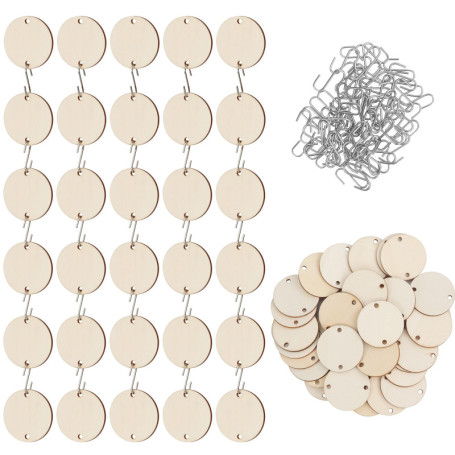 Belle Vous Lot de 100 Rondin de Bois Deco Brut avec Crochets en S - 3,4 cm - 2,5 mm Cercle Bois Naturel Pré-Percé - Bricolage, T