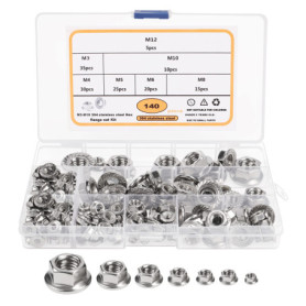 Belle Vous 140 Pièces Ecrou a Embase en Acier Inoxydable - M3, M4, M5, M6, M8, M10 & M12 - Écrous Hexagonaux avec Boite de Range