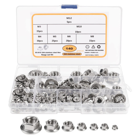 Belle Vous 140 Pièces Ecrou a Embase en Acier Inoxydable - M3, M4, M5, M6, M8, M10 & M12 - Écrous Hexagonaux avec Boite de Range