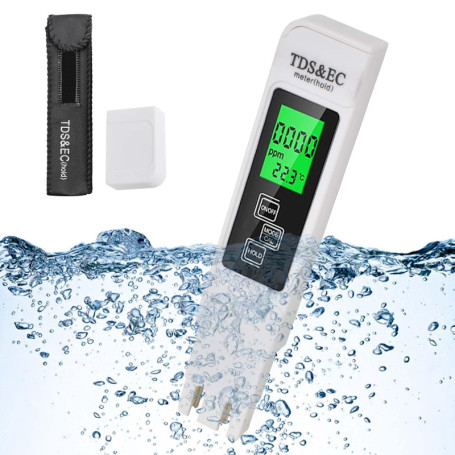 3 en 1 Testeur de Qualité de l'eau, LCD Écran TDS EC Mètre Digital TDS Testeur, Température Mètre, Conductivité et Température M