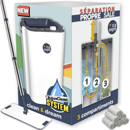 ZIG ZAGLE - kit Seau et Serpillière, Pure Water System, Separation Eau Propre/Sale : Ultra Hygiénique, Nettoyage Facile, Compact
