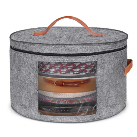 Winter Shore Boite Chapeau Ronde Grise - Grand Organisateur de Chapeaux Pliable avec Fermeture Éclair, Fenêtre Transparente, Poi