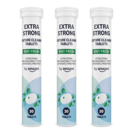 by Amazon Pastilles Nettoyantes Extra Fortes pour Prothèses Dentaires - Lot de 3 Boîtes de 30 Pastilles, Menthe Fraîche