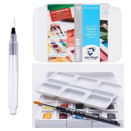 Talens Van Gogh - Aquarelle Van Gogh 15 Demi-Godets + 1 pinceaux + Pinceau à Réserve d'eau