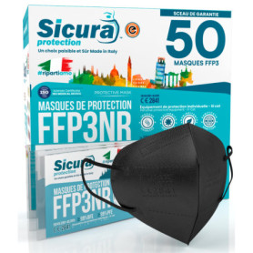 SICURA MASCHERINE CHIRURGICHE 50x Masque FFP3 Noir certifié CE fabriqué en Italie Haute Filtration Plus élevée BFE ≥99% PFE≥99% 