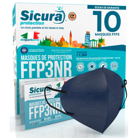 10x Masque FFP3 Bleu élastiques noirs certifié CE fabriqué en Italie Haute Filtration Plus élevée BFE ≥99% PFE≥99% Masques 10 pi