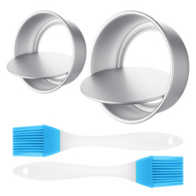 COACOM Lot de 2 moules à gâteau ronds, 2 brosses en silicone, moules à gâteau en aluminium, moules à gâteau, fond amovible, outi