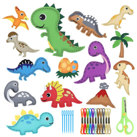 Kit Couture Enfant, 14 Pièces Kit de Bricolage en Feutre de Dinosaure, Kit de Loisirs Créatifs, Materiel Bricolage Activites Man