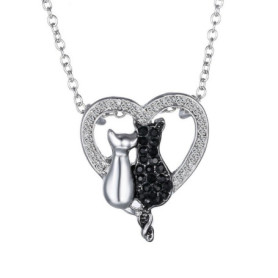 Collier avec pendentif Feilok, motif animal, avec cœur, noir et blanc, pour amoureux de chats