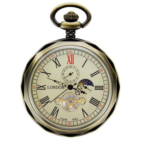 TREEWETO Montre de Poche Montres Goussets mécanique pour Homme en Bronze à chaîne, Lune Soleil Tournant 24 Heures Afficher Cadra