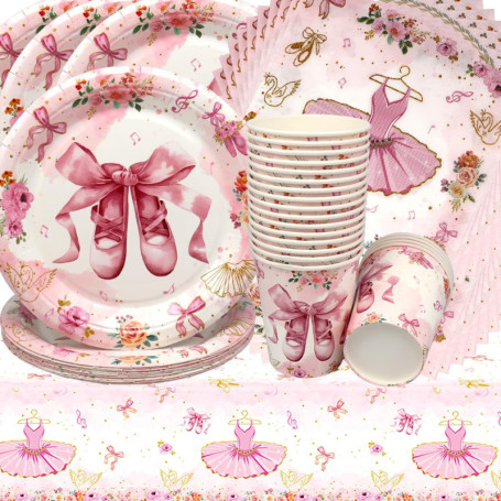 Doyomtoy Vaisselle de Fête Ballerine Anniversaire Fille Vaisselle Papier Set Assiettes en Papier Serviettes Tasses pour Fête à T