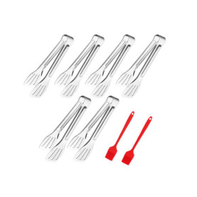 Abiyou Pince à Salade Inox, 6PCS Pinces de Service, Pinces Cuisine Envoyer 2 Pinceaux de Cuisson, Pinces de Cuisine en Acier Ino
