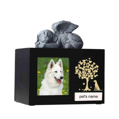 Urne funéraire pour chien - Urne funéraire en bois avec cadre photo - Boîte à souvenirs avec doublure en flanelle noire - Cadeau